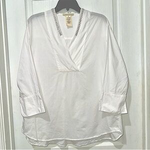 Anthropologie Morava Deep-V Top Ladies L Beaded jewel neck light White cotton